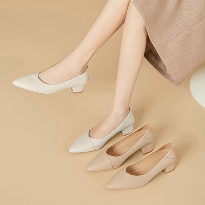 ZHR温柔优雅粗跟浅口单鞋两穿尖头新款通勤气质高跟鞋职业小皮鞋