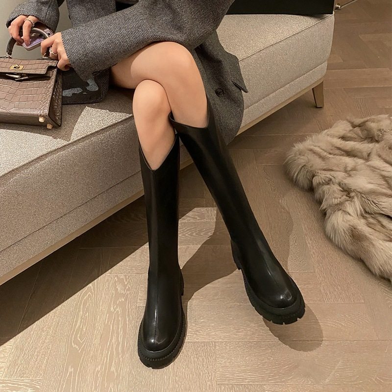 ZHR长筒靴女秋冬新款小个子不过膝靴百搭厚底显瘦高筒加绒骑士靴