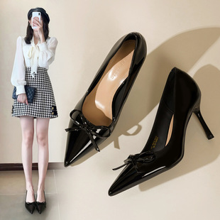 ZHR则则尖头裸色高跟鞋女春新款蝴蝶结浅口单鞋气质细跟时尚皮鞋