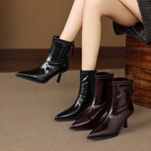 ZHR则则优雅尖头细跟高跟鞋加绒通勤短靴女冬季新款保暖瘦瘦靴子