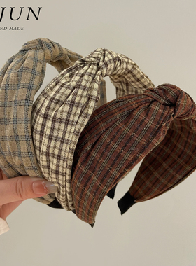 秋冬复古格纹发卡棉麻打结发箍韩国宽边高颅顶头箍气质网红发饰女