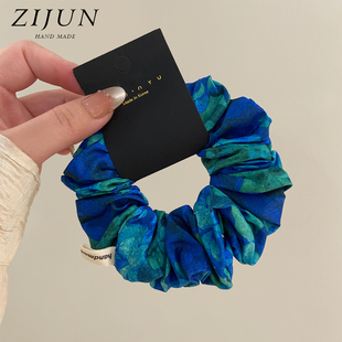 复古文艺风棉麻小肠发圈雀蓝晕染高弹力头绳皮筋日常气质头花发绳