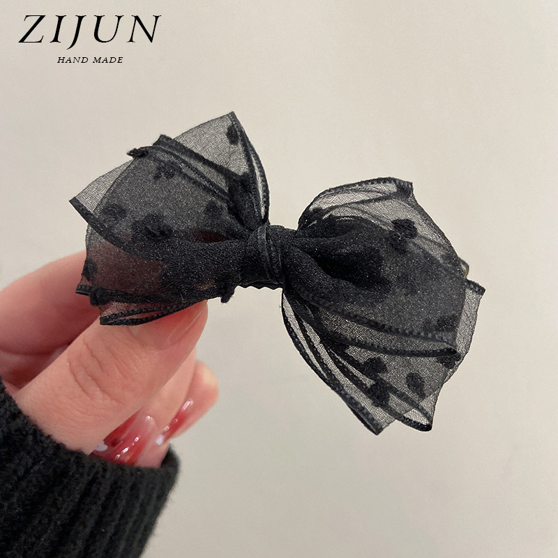 黑色波点蝴蝶结发夹女网纱鸭嘴夹简约精致顶夹侧边夹后脑勺碎发卡