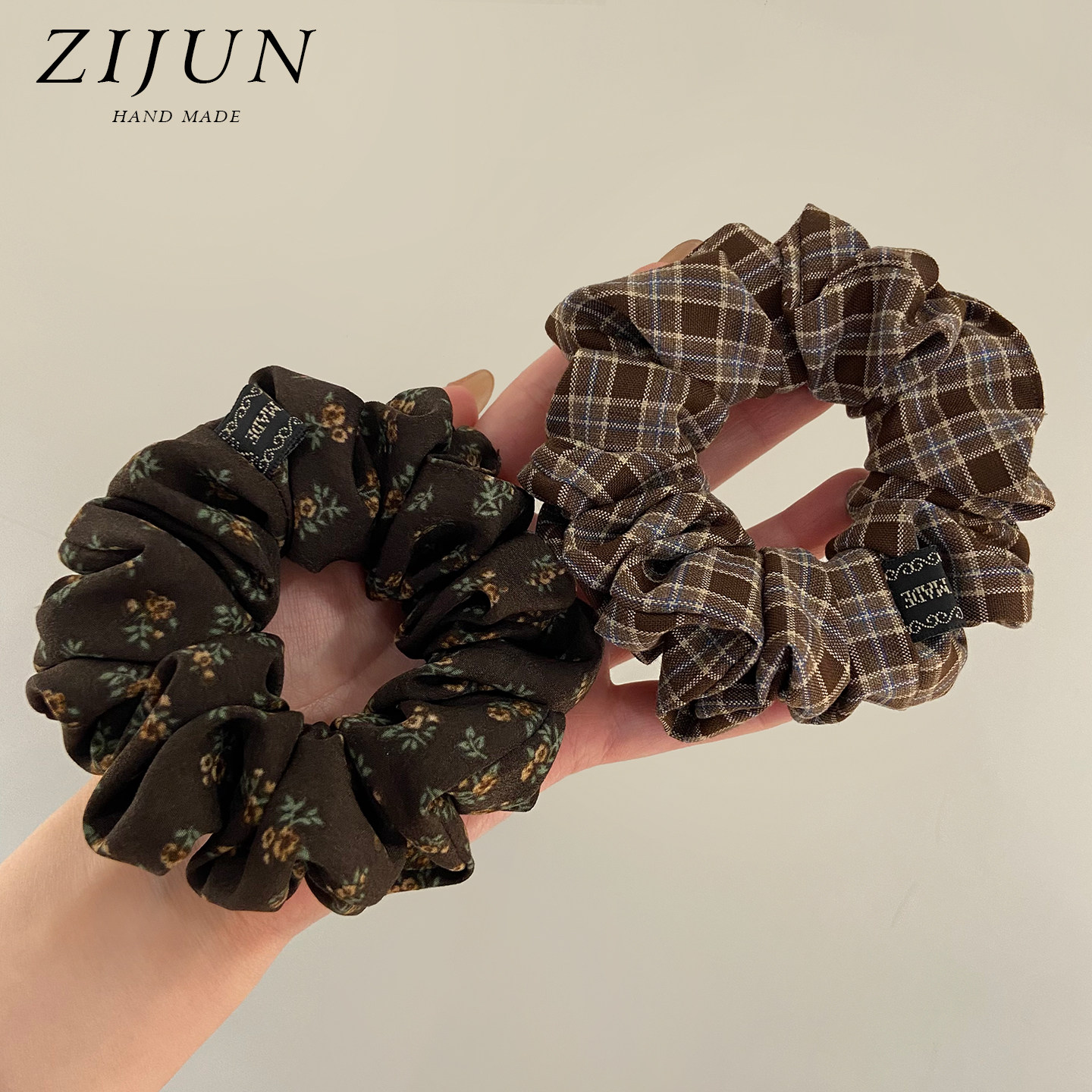 咖色系碎花纯棉小肠发圈森系头绳女复古橡皮筋扎头大肠圈马尾发绳