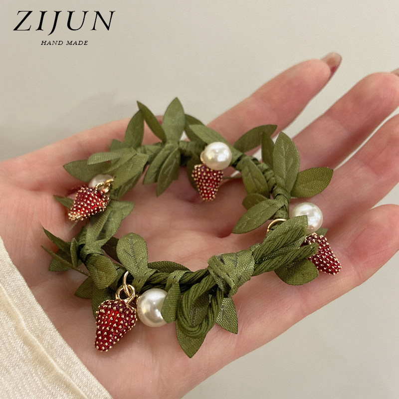 超仙手工森系草莓珍珠发绳手链少女可爱树叶头绳扎马尾橡皮筋发圈