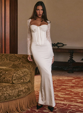 Lace dress新款包臀裙 时尚风性感白色蕾丝长袖修身气质连衣裙女