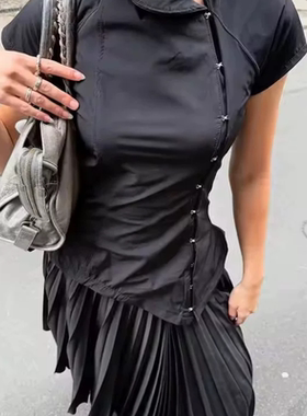 SUIT跨境新款时尚撞色波点收腰显瘦休闲短袖T恤上衣短裙套装女生