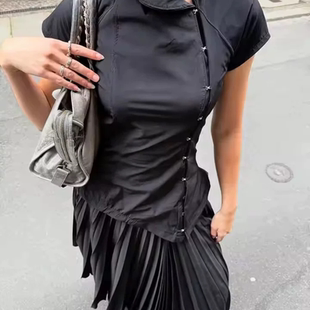 SUIT跨境新款时尚撞色波点收腰显瘦休闲短袖T恤上衣短裙套装女生