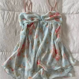 Tank tops2025年夏季新款花朵印花V领法式复古绑带挂脖吊带上衣女