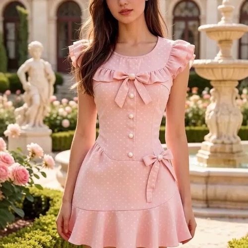 DRESS 新款夏季美式设计感短裙娃娃领蕾丝拼接花边吊带女式连衣裙