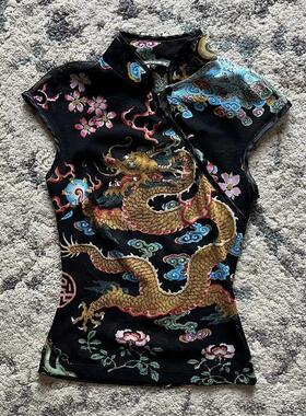 TOP跨境新款国风设计感印花拼色立领盘扣旗袍式短袖修身T恤上衣女