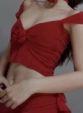 Color blocking vest性感辣妹拼色花朵立体装饰裹胸设计感背心女