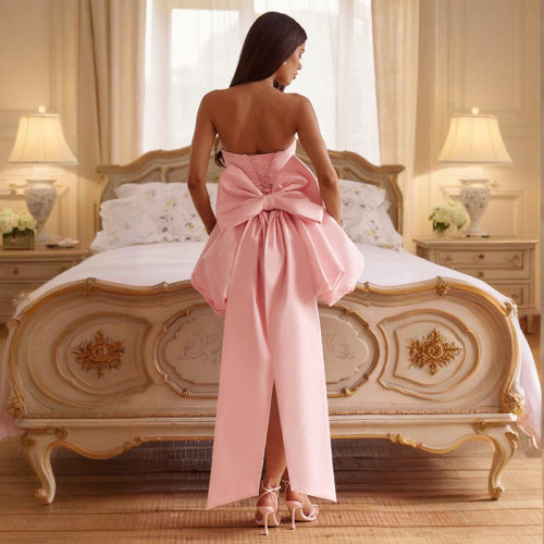 Bow tie dress新款蝴蝶结抹胸灯笼裙 欧美晚宴性感绑带开叉连衣裙