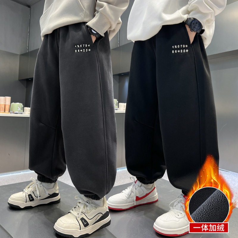 男童裤子加绒儿童运动卫裤收口大童黑色休闲冬季加绒厚一体初中生