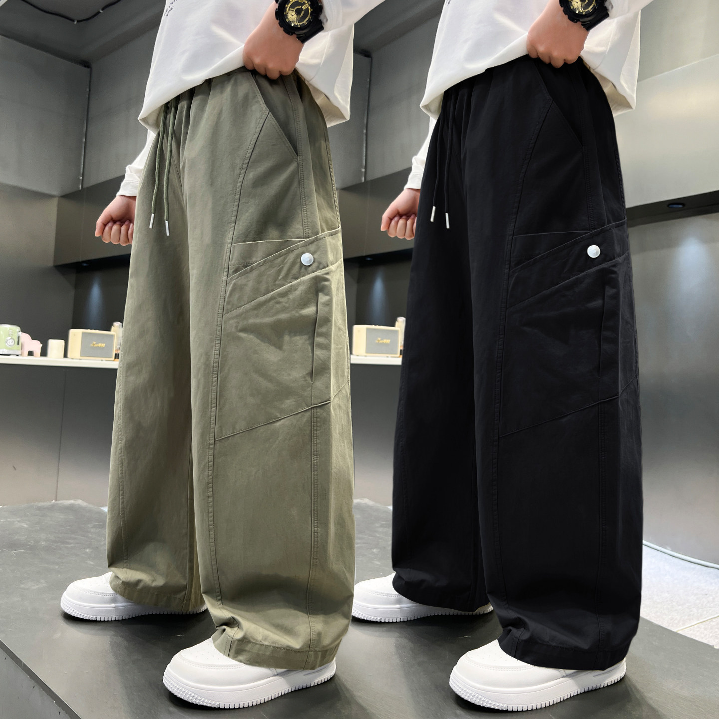 儿童裤子春秋新款男童工装长裤中大童直筒纯棉孩黑色装季薄初中生