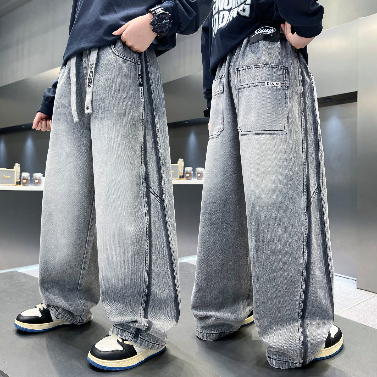 儿童裤子春秋新款直筒灰色男童牛仔裤春季男孩宽松阔腿装薄透气软