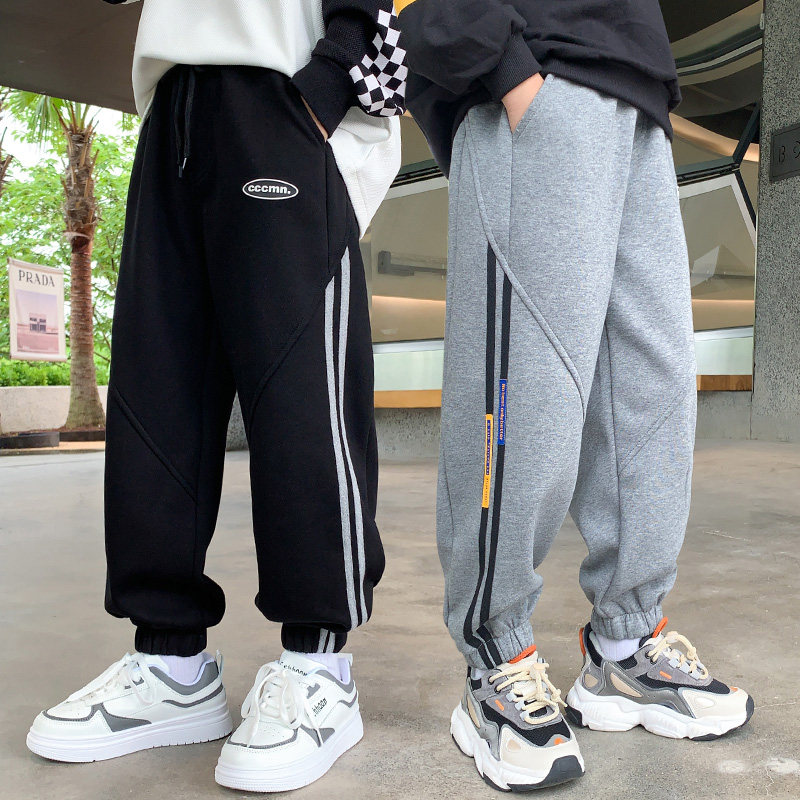 男童裤子加绒厚儿童一体运动卫裤大童黑色初中生胖孩收口春秋冬季