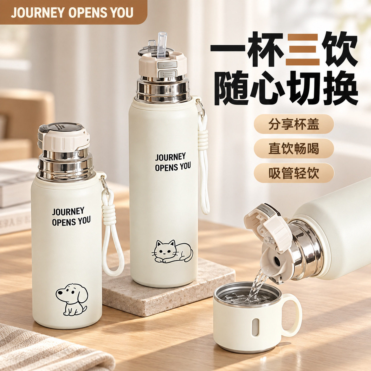 一杯三饮保温杯直饮吸管分享盖