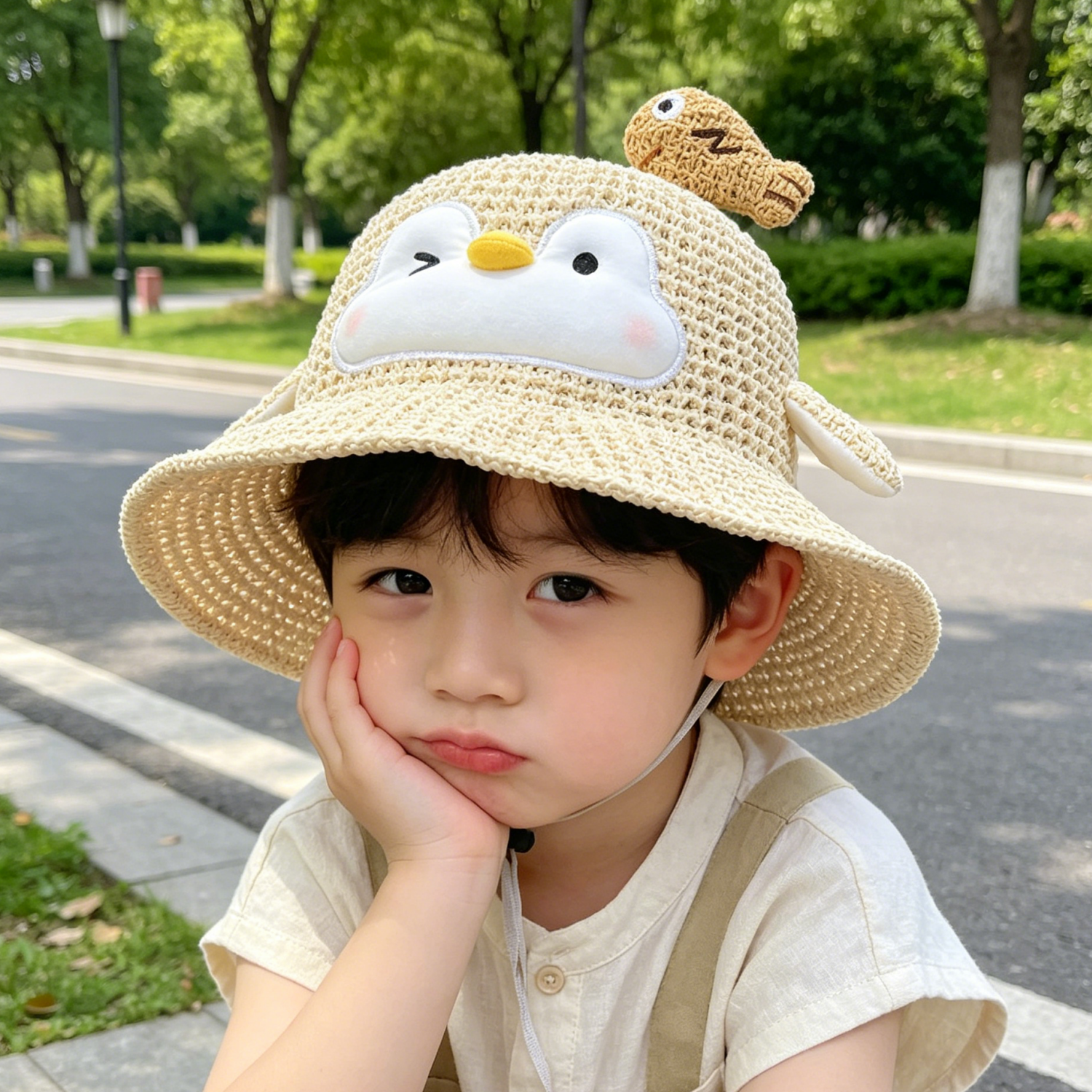儿童帽子宝宝草帽夏天可爱企鹅夏季男女童防晒遮阳帽户外渔夫帽萌