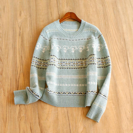 FF￥329 秒！春天家 复古费尔岛提花100绵羊毛圆领长袖毛衣女74I5