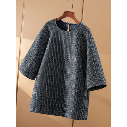 FF￥319 秒！春天家 复古 小香粗花呢圆领七分袖中长衬衫女35F6