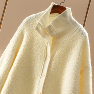 外套女70F4 法柜定织圈圈绒100羊毛高领毛衣开衫 H春上7号 巨厚实