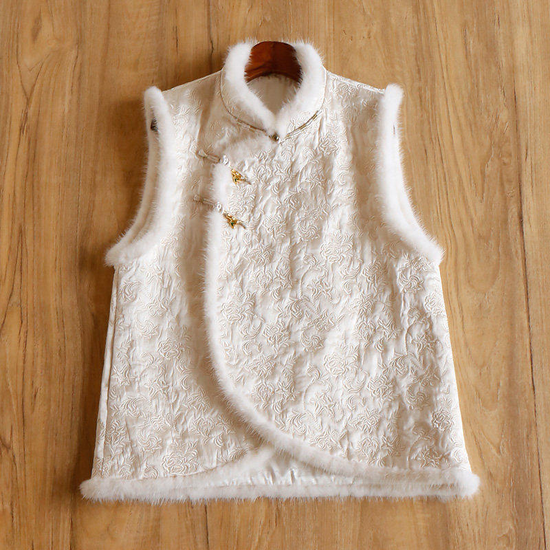 FF￥859 秒！新中式拼水貂旗袍领夹棉A字马甲外套春天家8J52