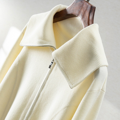 法柜精简含绵羊毛大翻领毛衣开衫