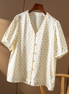 AA￥349 秒！春天家 浪漫波点 真丝素绉缎气质V领短袖衬衫女67A0