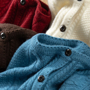 D女74F9 法柜100羊毛复古绞花圆领毛衣开衫 H春上7号 气质吸睛