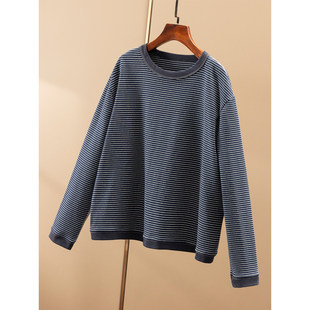 复古条纹舒适宽松圆领针织T恤卫衣女31I3 文艺范 SS￥秒 春天家