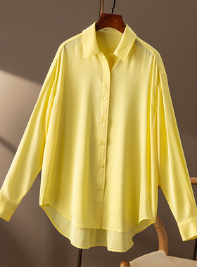 AA￥629 秒！春天家 通勤大女主 廓形纸片人圆弧摆真丝衬衫女1Z86