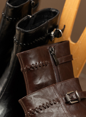 H春上7号 优雅战靴 法式小方头头层牛皮加绒粗跟瘦瘦短靴14J8 特