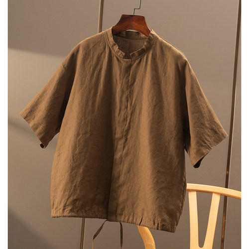 ￥239 秒！简约 100亚麻抽绳摆圆领短袖衬衫春天家女7W21