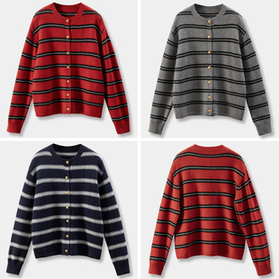 H春上7号 高级黑红^迷雾灰 外贸金扣圆领条纹羊毛毛衣开衫D女7Y73