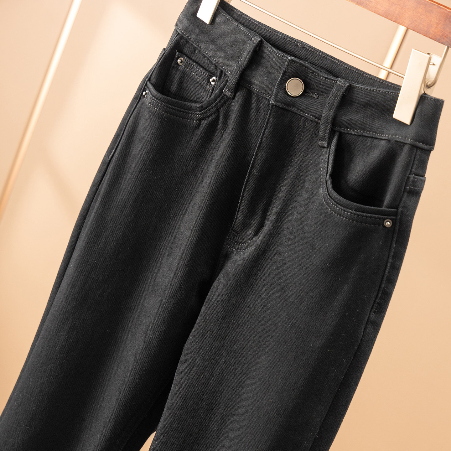 腿型救星法G加绒微喇九分牛仔裤