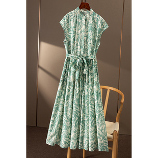 ¥499秒!真丝棉蝴蝶印花包肩袖收腰连衣裙dress春上7号女4W90