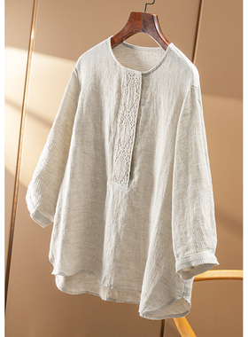 AA￥419 秒！春天家定织华夫格肌理100亚麻宽松圆弧摆衬衫女64C6