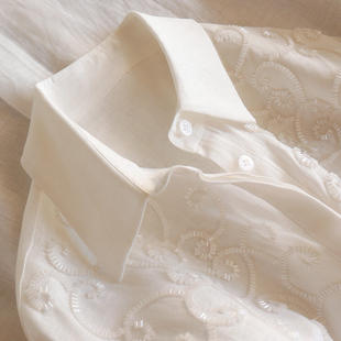 D女21J4 H春上7号 衬衫 法柜钉珠刺绣100亚麻长袖 特 素雅高格调