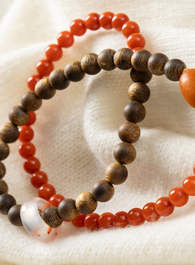 H春上7号 暗香丹红 新中式天然海南奇楠沉香拼南红双圈手串55I7特