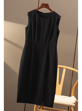 AA￥669 秒！气质通勤醋酸开叉圆领无袖背心连衣裙春天家女09C5