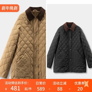 H春上7号 英G菱格绗缝撞色灯芯绒领90绒羽绒服D女59I4特 复古洋气