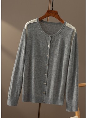 FF￥619 秒！法柜撞色80支精纺羊绒圆领薄毛衣开衫女春天家5Q82