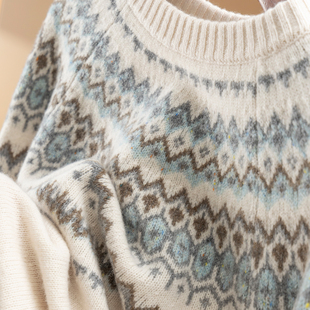 H春上7号 英G复古万搭费尔岛提花100羊毛圆领毛衣女97B2 秋冬经典