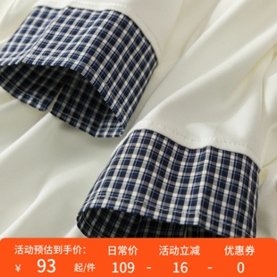 H春上7号 显瘦双C腰 法G捏褶收腰拼格纹圆领长袖T恤女79I2 特