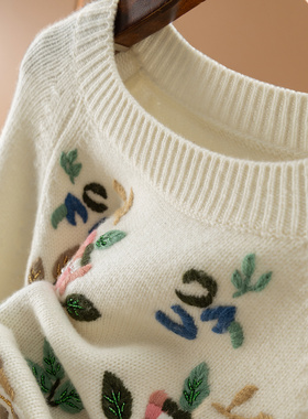 H春上7号 清货福利 法柜重工钉珠刺绣100山羊绒圆领毛衣D69F5 特