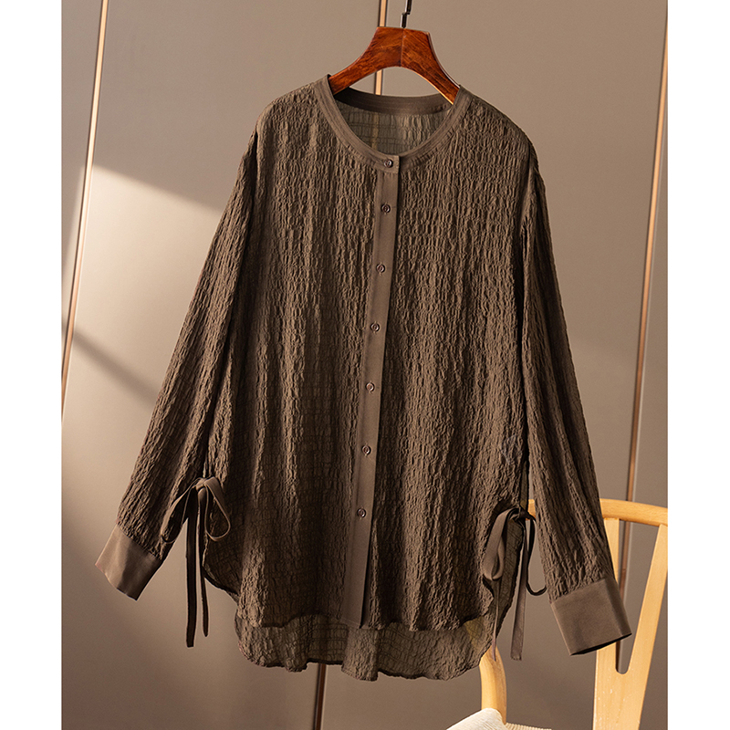 ¥599 秒!轻奢篙逼格 真丝泡泡绉圆弧摆长袖衬衫春天家女16C3