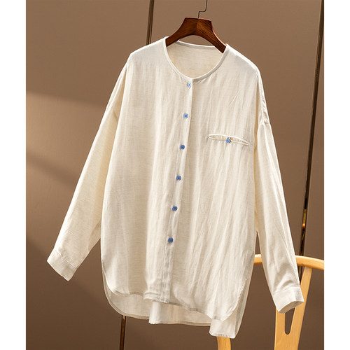 ￥259 秒！ 简约有腔调 亚麻圆领长袖衬衫外套春天家女35B4