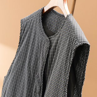 H春天家 圆领色织全棉夹羊毛轻便马甲棉服外套女7Y81 外贸D黑白格