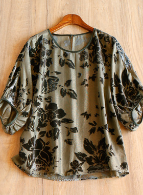 ￥689 秒！法G含真丝金皮丝绒剪花圆领衬衫Blouse春上7号女29C9